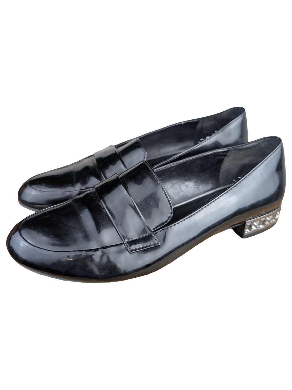Kenneth Cole Reaction Black Patent Loafers Jeweled Heel Size 7.5
